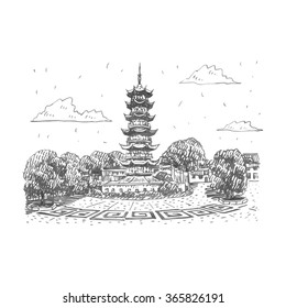 Old Longhua Pagoda in Shanghai, China. Vector freehand pencil sketch.