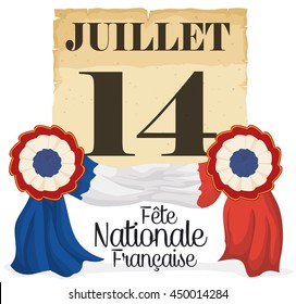 Old loose-leaf calendar paper with reminder date and two cockades at both sides forming the French flag to celebrate National Day (image text in French).