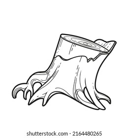 Old lopsided stump with protruding roots linear drawing for coloring isolated on white background