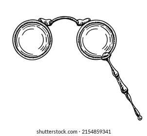 Old lorgnette glasses. Vintage spectacles. Ink sketch. Retro style. Hand drawn Vector icon on white background.