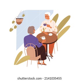 Old love couple on romantic date in cafe. Man, woman of senior age talking, sitting at table with coffee cups. Elderly people, husband and wife. Flat vector illustration isolated on white background