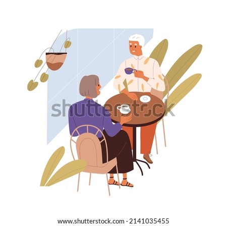 Old love couple on romantic date in cafe. Man, woman of senior age talking, sitting at table with coffee cups. Elderly people, husband and wife. Flat vector illustration isolated on white background