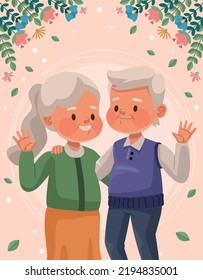 old lovers couple and flowers postcard