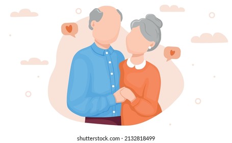 Old lovers. An elderly couple. Love and dating at any age. An adult man hugs an adult woman. Family relationships. The concept of love through time. Illustration for banner, postcard, site, cover.