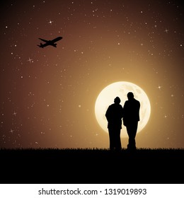 Old lovers and flying aircraft on moonlit night. Vector illustration with silhouette of elderly couple in park. Full moon in starry sky