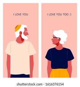 The old lovers are looking at each other. Love correspondence. Communication and dating on the Internet. Vector flat illustration