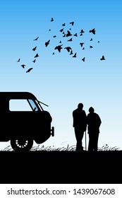 Old lovers near cartoon retro car. Vector illustration with silhouette of elderly couple under flock of flying birds. Family road trip. Blue pastel background