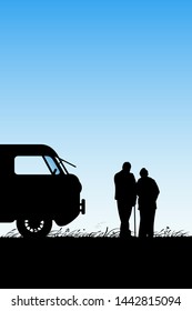 Old lovers near cartoon retro car. Vector illustration with silhouette of elderly couple near camper. Family road trip. Blue pastel background