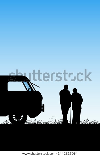 Old lovers near cartoon retro car. Vector\
illustration with silhouette of elderly couple near camper. Family\
road trip. Blue pastel\
background