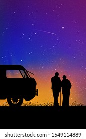 Old lovers near retro car at night. Vector illustration with silhouette of elderly couple near camper. Family road trip. Northern lights in starry sky. Colorful aurora borealis