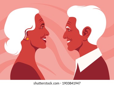 The old lovers in the profile. Happy elderly couple. Love and dating. Family relationship. Vector flat illustration