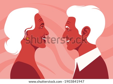 The old lovers in the profile. Happy elderly couple. Love and dating. Family relationship. Vector flat illustration