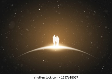Old lovers in space. Vector conceptual illustration with white silhouette of elderly couple. Yellow abstract background with stars and glowing outline