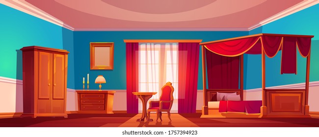 Old luxury bedroom with wooden furniture and red curtains. Vector cartoon illustration of vintage interior with canopy bed, nightstand, wardrobe, chair and mirror in golden frame