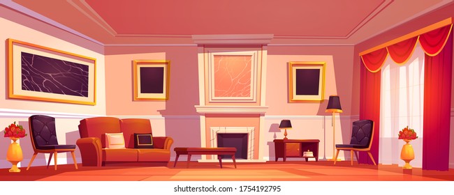 Old luxury living room interior with sofa, armchairs and marble fireplace. Vector cartoon illustration of empty lounge in classic style with red curtains and paintings in golden frames