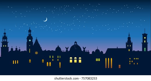 Old Lviv town nighttime silhouette
