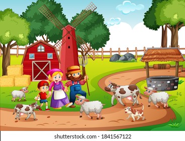 Old MacDonald in a farm nursery rhymes scene illustration