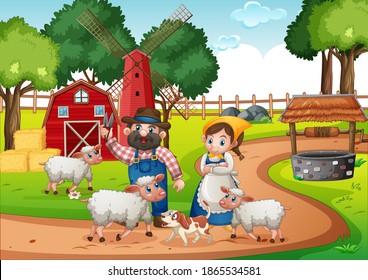 Old MacDonald in a farm nursery rhymes scene illustration