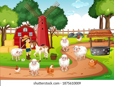 Old MacDonald in a farm nursery rhymes scene illustration