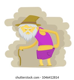 Old and Mad Grandfather with wood stick. Vector cartoon Character