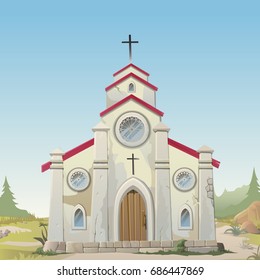 Old made of stone Catholic Church. Vintage architecture in style of wild West. Card on theme of Catholic holy traditional religion symbol. Poster wild West style. Vector cartoon close-up illustration.