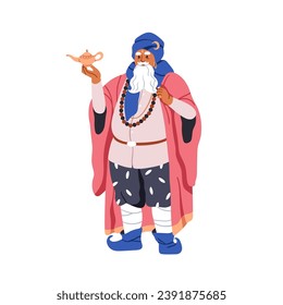 Old mage, wizard. Fairy mystic magic character. Bearded magician, warlock. Eastern oriental sorcerer in turban, cloak, mantle, holding teapot. Flat vector illustration isolated on white background