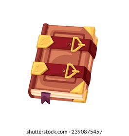 Old magic book. Ancient antique medieval vintage paper literature closed with straps. Fantasy mystery witchcraft manuscript in leather cover. Flat vector illustration isolated on white background