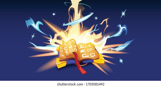 Old magic book cartoon concept with spell and withcraft symbols vector illustration