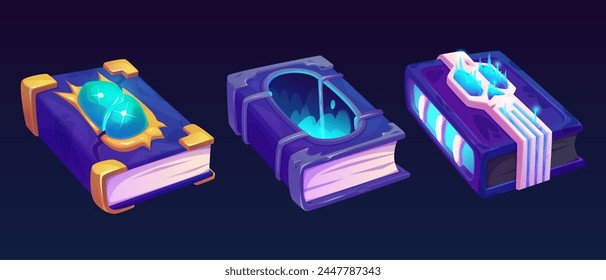 Old magic book for fantasy game vector ui icon. Wizard alchemy and spell grimoire with blue cover. Fairytale library clipart for witchcraft illustration. Medieval evil knowledge object with gem set