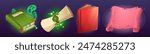 Old magic book and parchment scroll icon for game ui design. Cartoon vector illustration set of closed wizard literature and letter or writing on ancient rolled papyrus paper page. Mystery handbook.