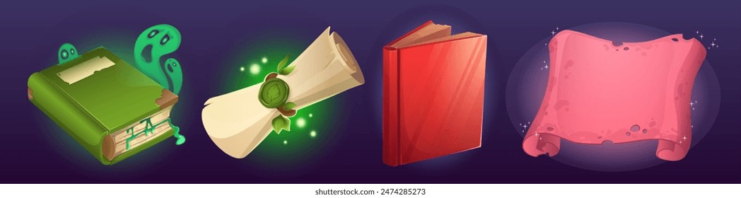 Old magic book and parchment scroll icon for game ui design. Cartoon vector illustration set of closed wizard literature and letter or writing on ancient rolled papyrus paper page. Mystery handbook.