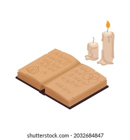 Old magic book and two wax candles isometric isolated vector illustration
