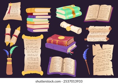 Viejos libros de magia mega Elementos en Diseño gráfico plano. Objetos de colección de pergaminos medievales, libros de magos antiguos, pergaminos y manuscritos de brujería, Biblioteca de hechicero. Ilustración vectorial.