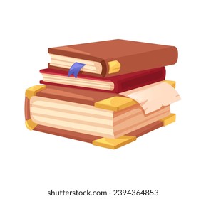 Old magic books stack. Antique ancient mystic literature for reading. Mystic paper manuscripts with bookmark. Secret knowledge, education. Flat vector illustration isolated on white background