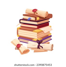 Old magic books stack, sealed parchment scrolls. Ancient antique paper scrolls, mystic papyrus documents, medieval secret manuscripts. Flat cartoon vector illustration isolated on white background