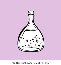 Old magic bottle. Hand drawing sketch. Art line. Vector illustration. Retro style.