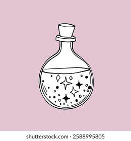 Old magic bottle. Hand drawing sketch. Art line. Vector illustration. Retro style.