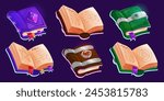 Old magic closed and open books with ancient parchment paper and fantastic hardcover. Cartoon vector illustration set of wizard and witchcraft literature. Mystery textbook for game ui design.
