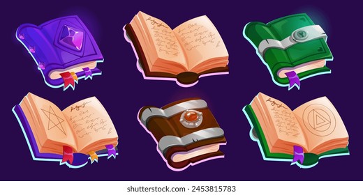 Old magic closed and open books with ancient parchment paper and fantastic hardcover. Cartoon vector illustration set of wizard and witchcraft literature. Mystery textbook for game ui design.