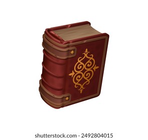 Old magic game book or medieval parchment paper spellbook, vector UI asset. Cartoon spell book of fairy tale wizard or Halloween witch with brown leather cover and gold ornaments, witchcraft library