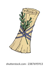 Old magic scroll with branch of rosemary tied with rope, witchcraft, incantations, spells, with the texture of torn edges.