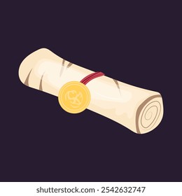 Old magic scrolls with gold medal in flat design. Witchcraft manuscript. Vector illustration isolated.