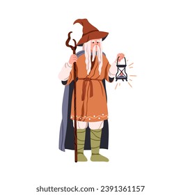 Old magician character. Ancient wizard, wise mage in hat with staff and lantern in hands. Senior magic sorcerer, man warlock with stick and lamp. Flat vector illustration isolated on white background