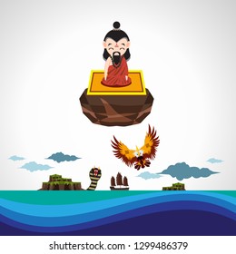 old magician character with garuda monster and snake monster in the sea