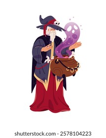 Old magician in cloak, pointed hat with skull brews magic potion in cauldron. Medieval wizard, sorcerer spells. Witch, mystic character does witchcraft. Flat isolated vector illustration on white