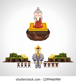 old magician sitting on stone throne and king on elephant with troop of soldiers