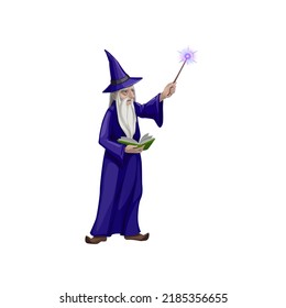 Old magician with wand, wizard character making spell from spellbook. Merlin or Dumbledore cartoon Halloween personage with long grey beard wear purple long robe, witch hat and boots with curve noses