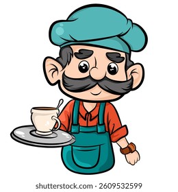 Old maid holding a tray containing a cup of tea or coffee. Chef or Barista character. A Design element Flat vector illustration isolated on a white background