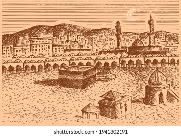 Old Makkah drawing in etching style. Editable Clip Art.