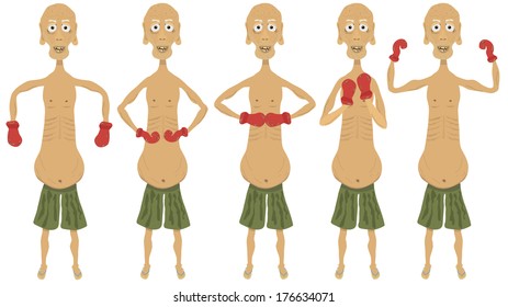 Old male boxer character in five different poses. Isolated on white background. Dressed with green shorts and red boxing gloves. EPS 10 Vector Art